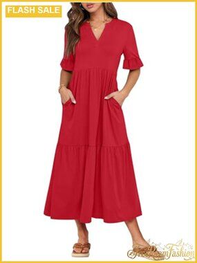 Womens Summer Casual Maxi Dress Ruffle Short Sleeve V-Neck Flowy